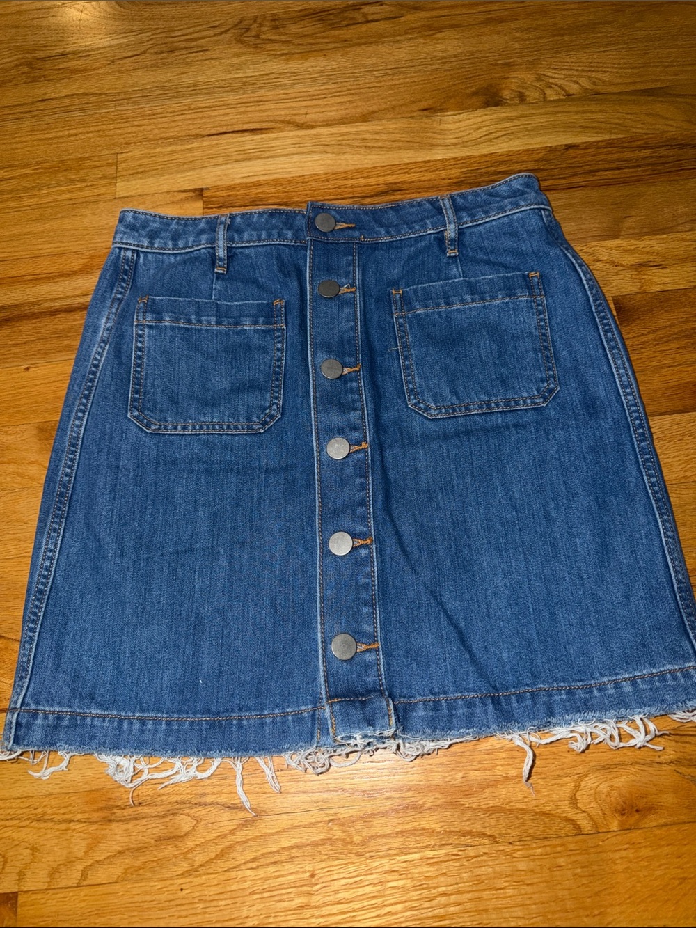 LOFT Medium Wash Button-Front Denim Mini Skirt with Raw Hem